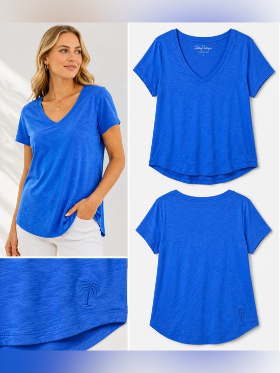 Lilly Pulitzer Tops - Lilly Pulitzer Blue Etta Pima Cotton V-Neck Palm Tree Logo Tee L